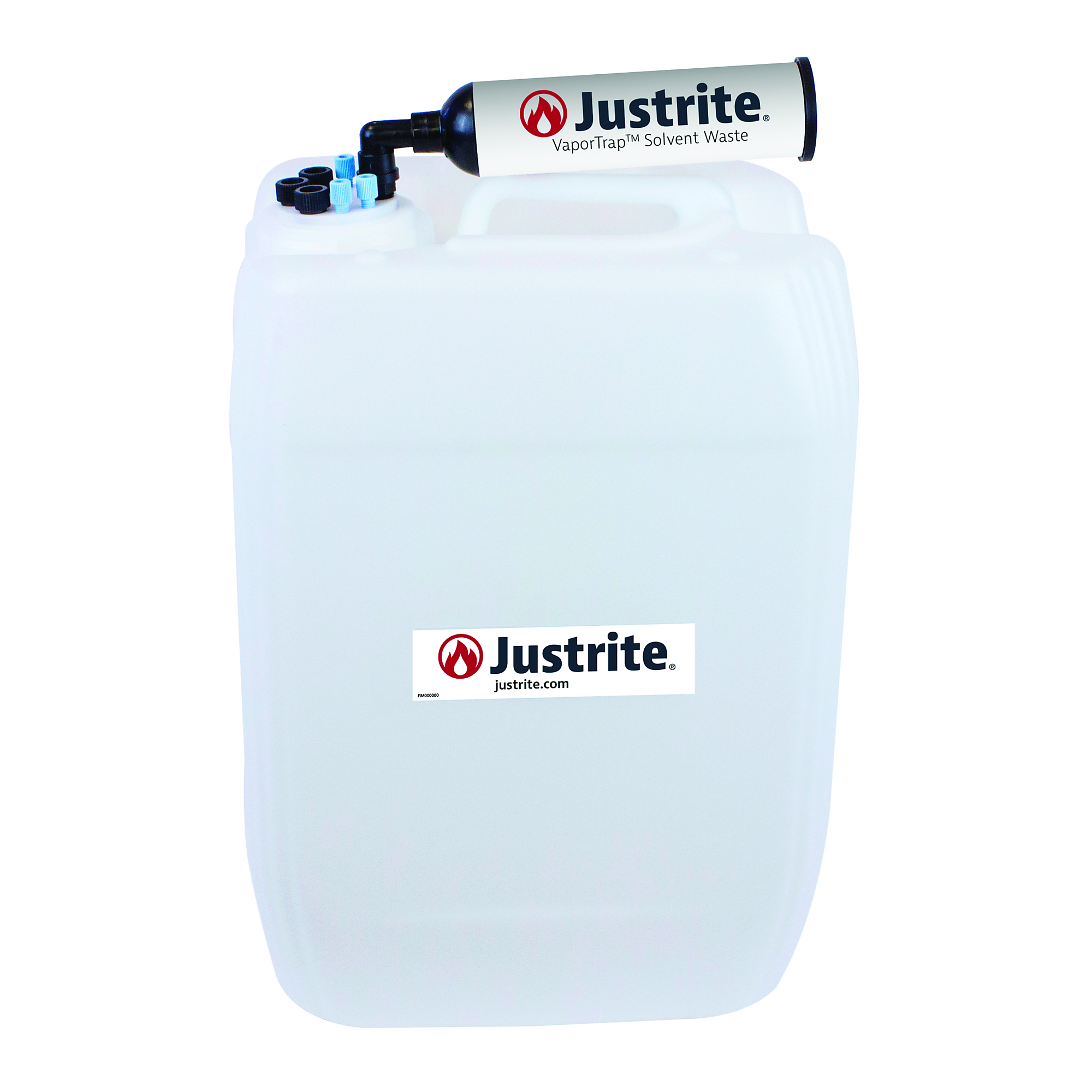 Justrite HDPE Carboy with Filter Kit — 20 Liters, UN/DOT Certified, VaporTrap, 70mm Cap, 4 Ports 1/8in. OD Tubing, 3 Ports 1/4in. OD Tubing, Model# 12843